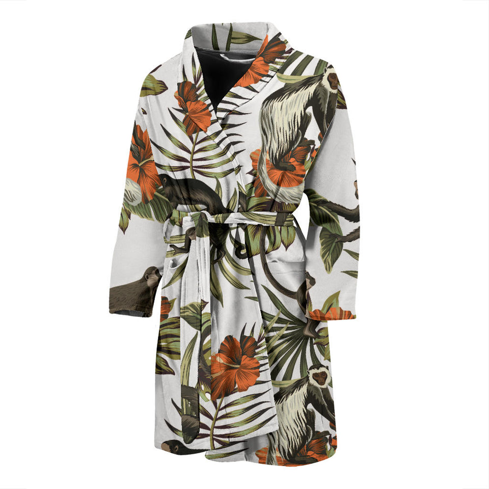 Monkey Red Hibiscus Flower Palm Leaves Floral Pattern Men'S Bathrobe