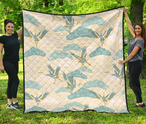Bonsai Bamboo Stork Japanese Pattern Cream Theme Premium Quilt