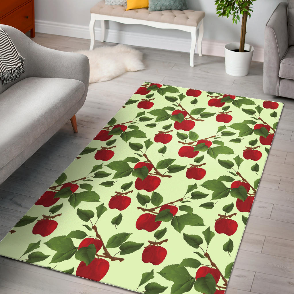 Red Apples Leaves Pattern Area Rug