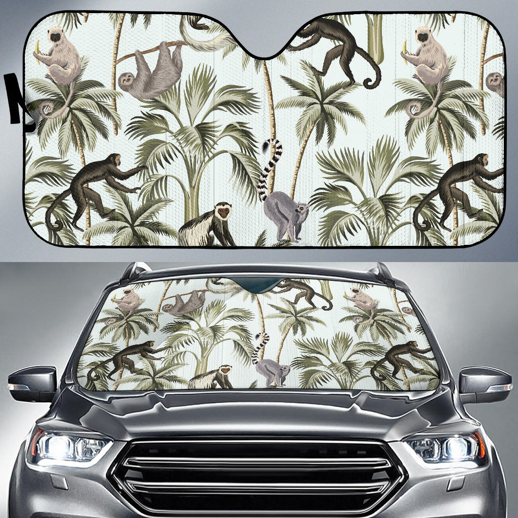 Monkey Sloth Lemur Palm Trees Pattern Car Sun Shade