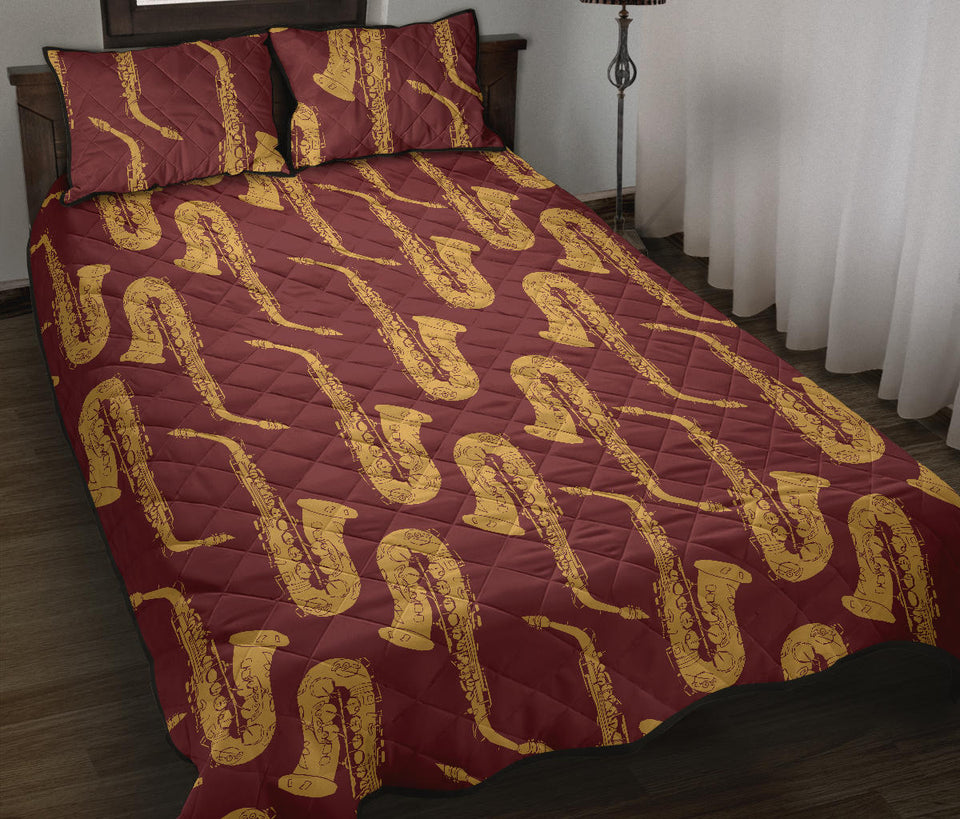 Hand drawn gold saxophone red background  Quilt Bed Set