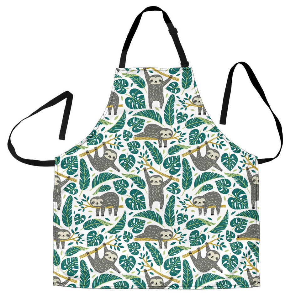 Cute Sloths Tropical Palm Leaves White Background Adjustable Apron