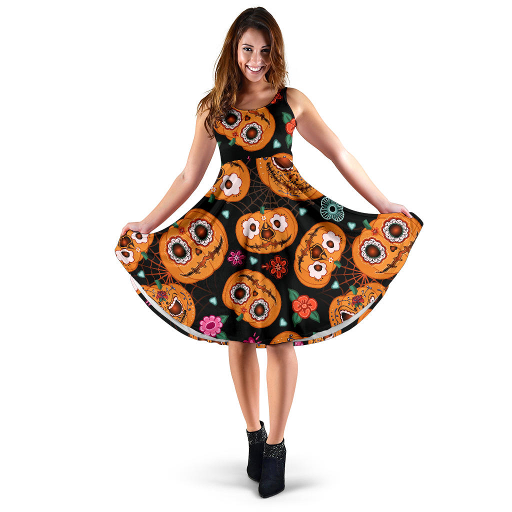 Pumpkin Flowers Spiderweb Halloween Theme Sleeveless Midi Dress