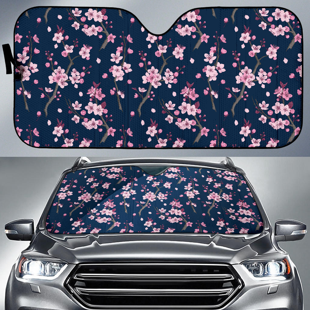 Pink Sakura Cherry Blossom Blue Background Car Sun Shade