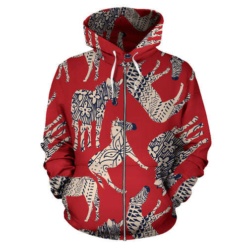 Zebra Abstract Red Background Zip Up Hoodie