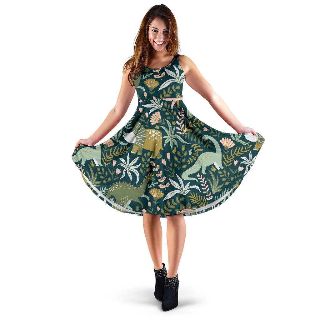 Dinosaurs Tropical Leaves Flower Pattern Sleeveless Midi Dress