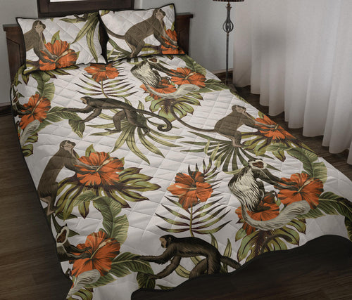 Monkey red hibiscus flower palm leaves floral pattern Quilt Bed Set