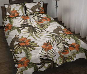 Monkey red hibiscus flower palm leaves floral pattern Quilt Bed Set