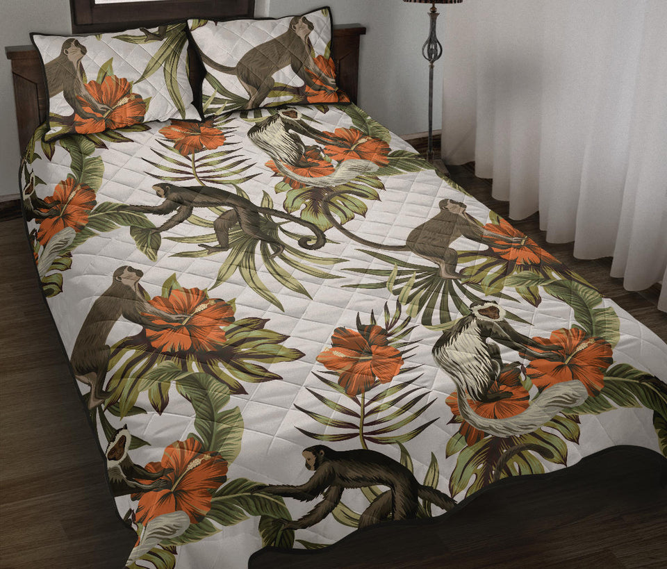 Monkey red hibiscus flower palm leaves floral pattern Quilt Bed Set