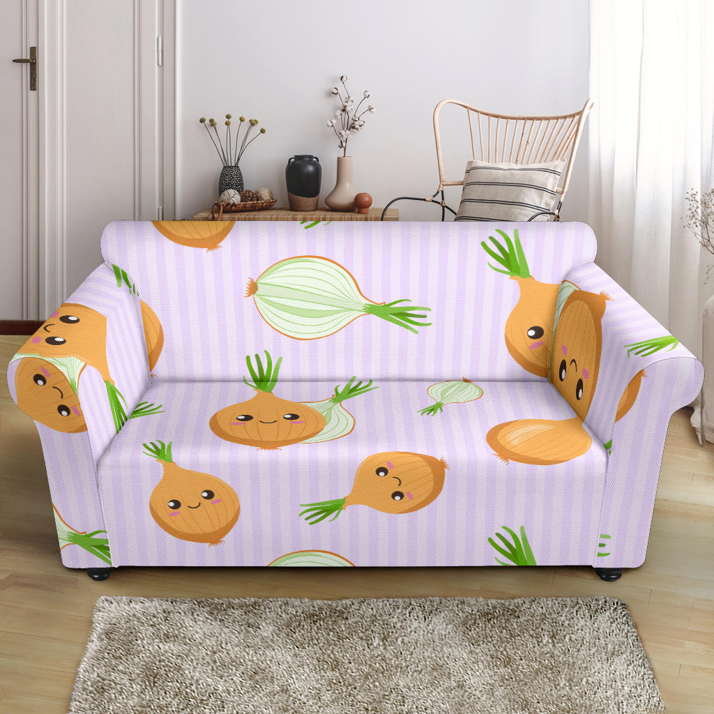 Cute Onions Smiling Faces Purple Background Loveseat Couch Slipcover