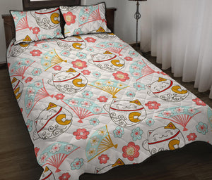 Maneki Neko Lucky Cat fan sakura Quilt Bed Set