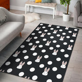 Cute White Rabbit Polka Dots Black Background Area Rug