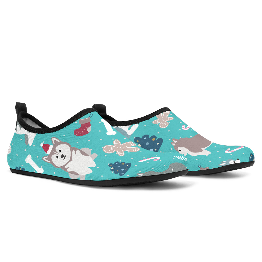 Christmas Cute Siberian Husky Puppie Pattern Aqua Shoes