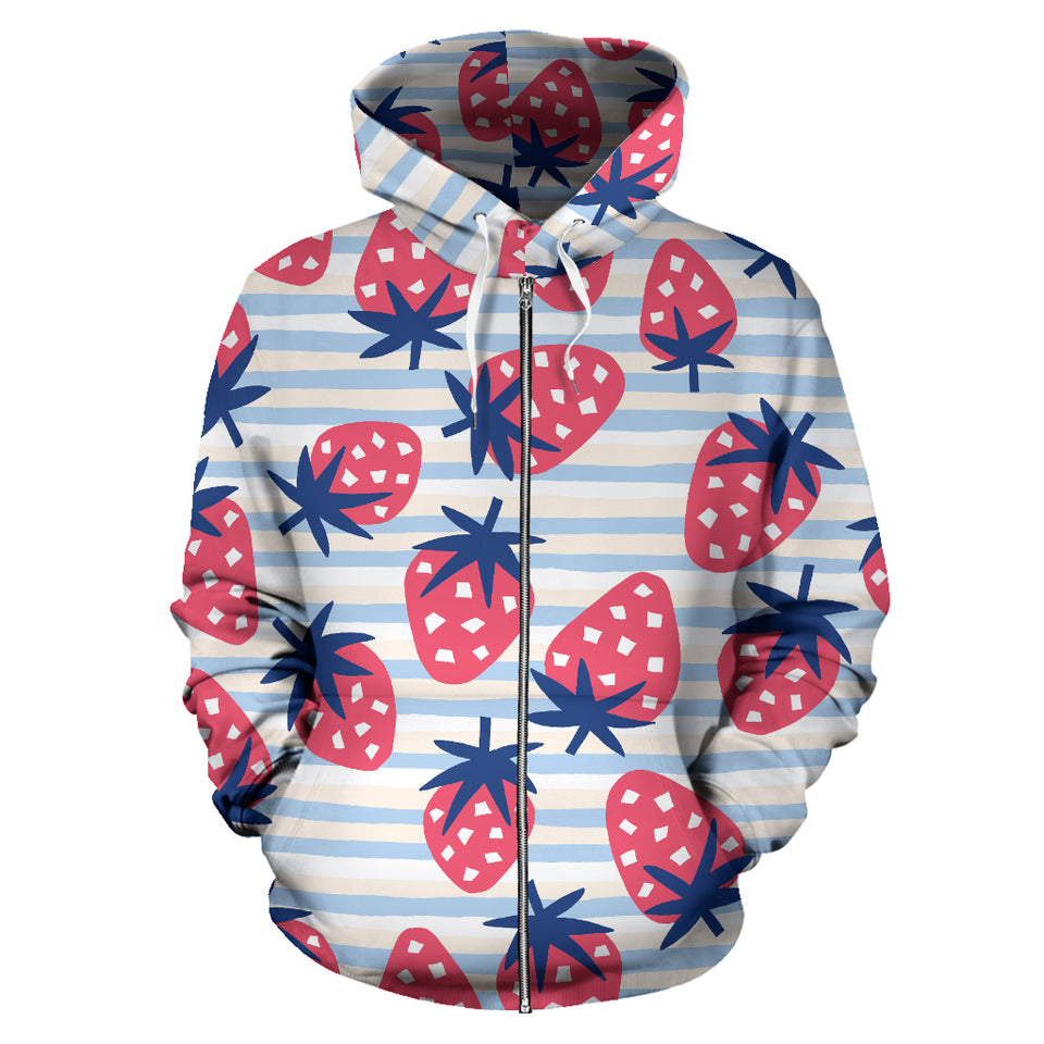 Strawberry Pattern Blue Lines Background Zip Up Hoodie