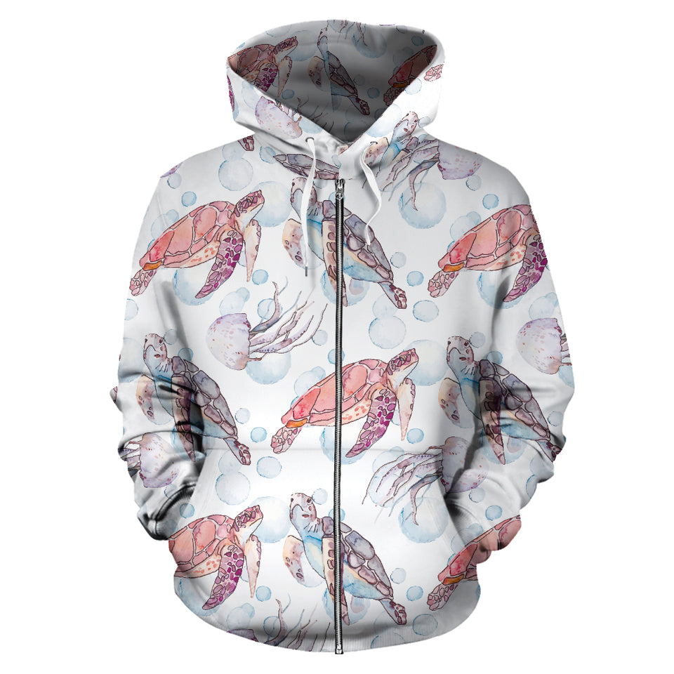 Watercolor Sea Turtle Jellyfish Pattern Zip Up Hoodie