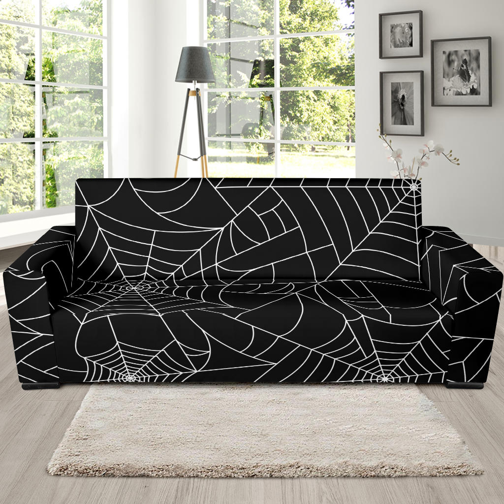 Spider Web Pattern Black Background White Cobweb Sofa Slipcover