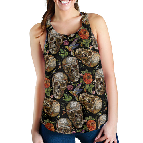 Skull rose humming bird flower pattern Women Racerback Tank Top