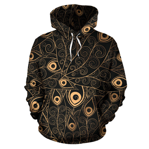 Gold Peacock Feather Pattern Men Women Pullover Hoodie