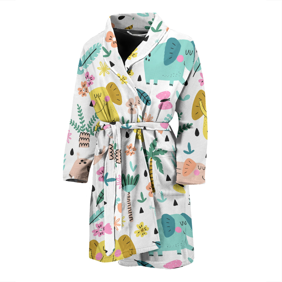Cute Elephants Palm Tree Flower Butterfly Pattern Men'S Bathrobe
