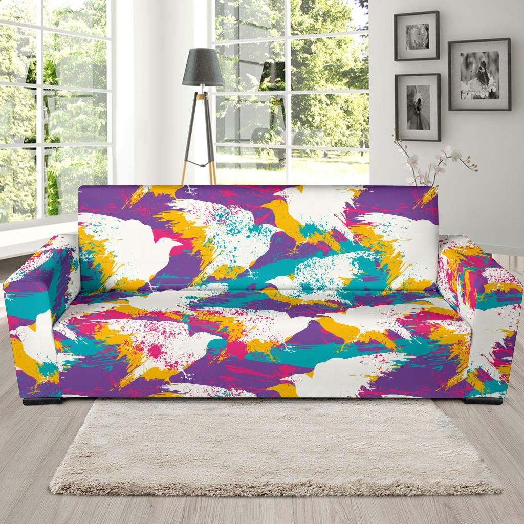 Colorful Crow Illustration Pattern Sofa Slipcover
