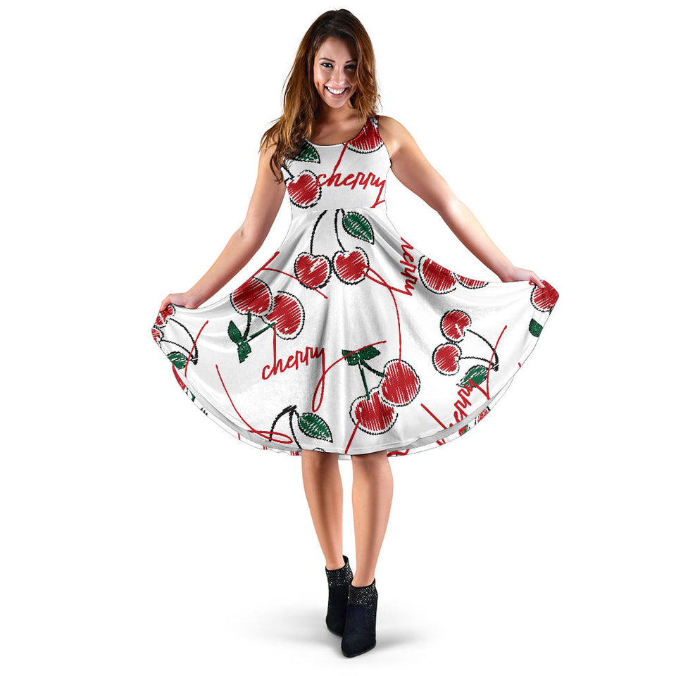 Hand Drawn Cherry Pattern Sleeveless Midi Dress