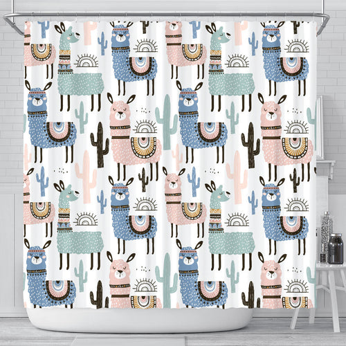 Lama Alpaca Cactus Hand Drawn Pattern Shower Curtain Fulfilled In US