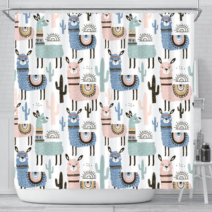 Lama Alpaca Cactus Hand Drawn Pattern Shower Curtain Fulfilled In US