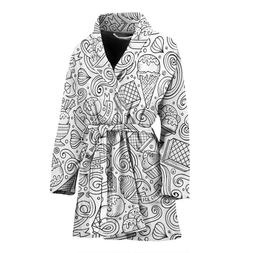 Cartoon Hand Drawn Ice Cream Black White Women'S Bathrobe