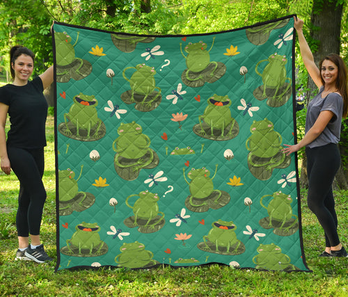 Cute Frog Dragonfly Design Pattern Premium Quilt