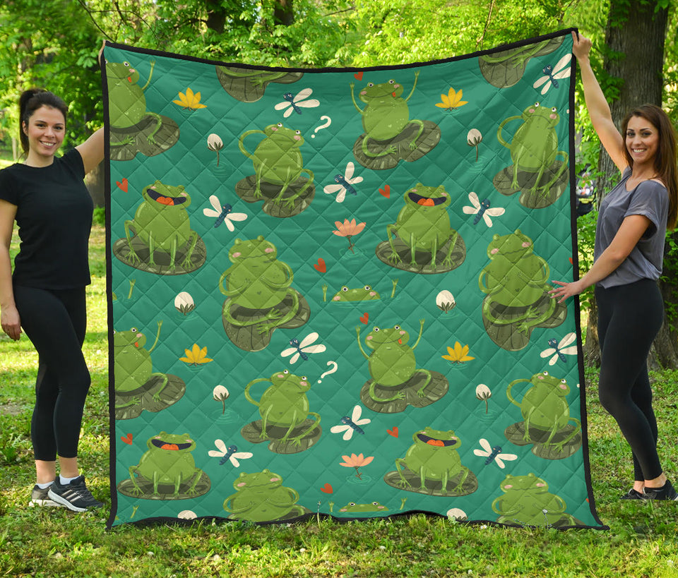 Cute Frog Dragonfly Design Pattern Premium Quilt