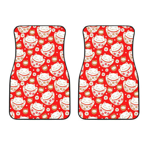 Cute Maneki Neko Lucky Cat Red Background Front Car Mats
