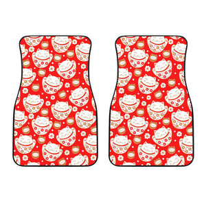 Cute Maneki Neko Lucky Cat Red Background Front Car Mats