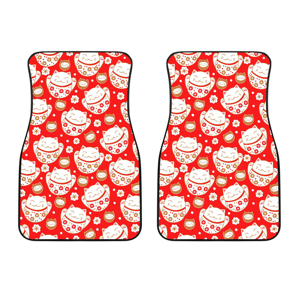 Cute Maneki Neko Lucky Cat Red Background Front Car Mats