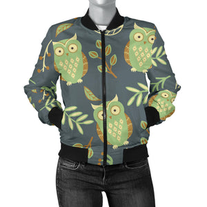 Cute Owls Leaves Pattern Women'S Bomber Jacket