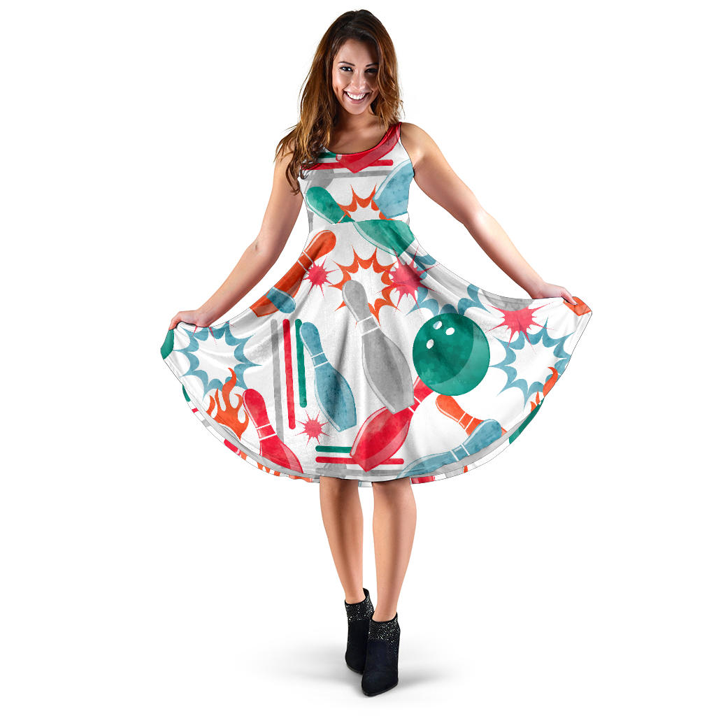 Watercolor Bowling Pattern Sleeveless Midi Dress