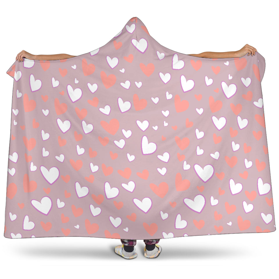 Coral White Heart Pattern Hooded Blanket