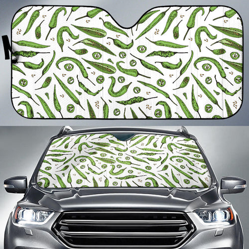 Hand Drawn Sketch Style Green Chili Peppers Pattern Car Sun Shade