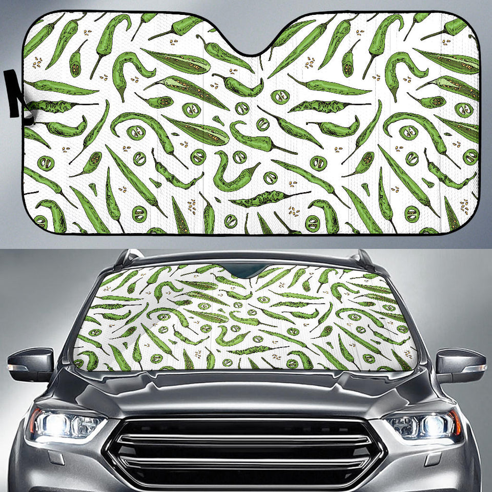 Hand Drawn Sketch Style Green Chili Peppers Pattern Car Sun Shade