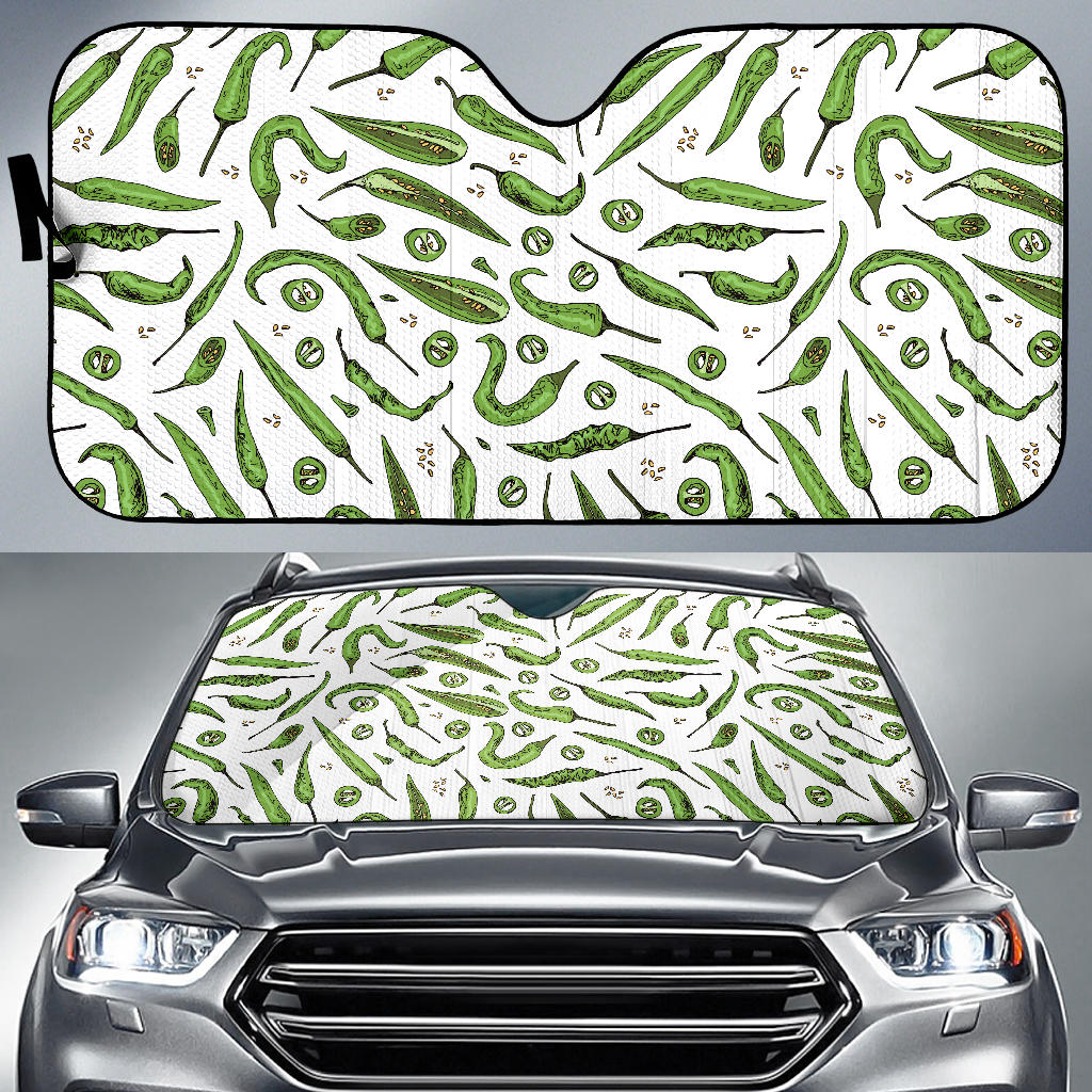 Hand Drawn Sketch Style Green Chili Peppers Pattern Car Sun Shade