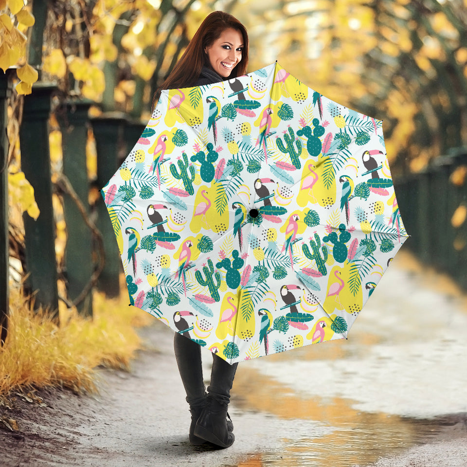 Cute Parrot Toucan Flamingo Cactus Exotic Leaves Pattern Umbrella