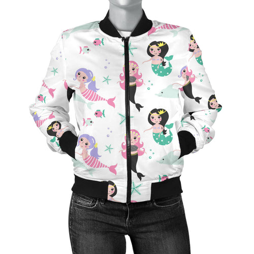 Cute Mermaid Dolphin Fish Starfish Pattern Women'S Bomber Jacket