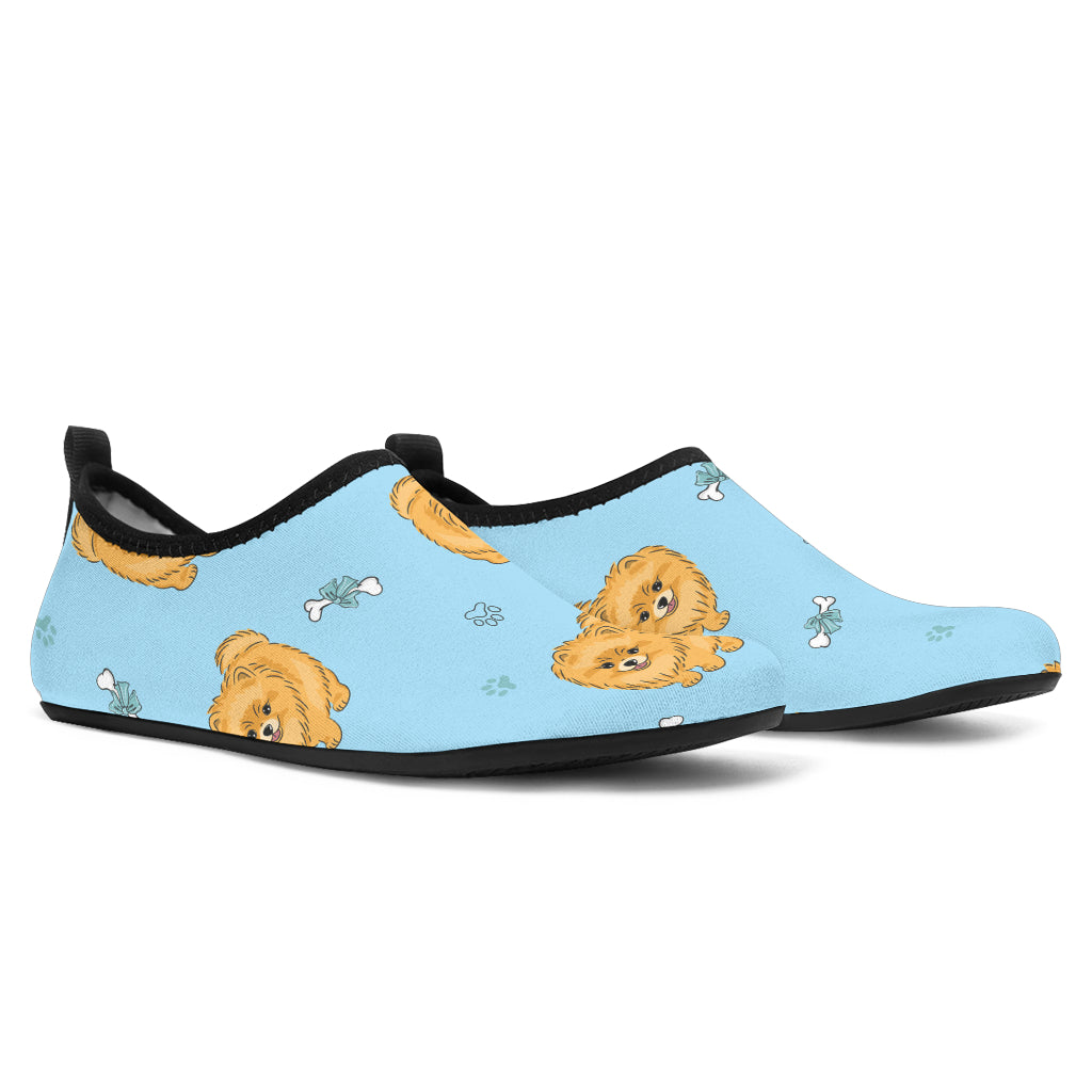 Brown Cute Pomeranian Blue Blackground Aqua Shoes