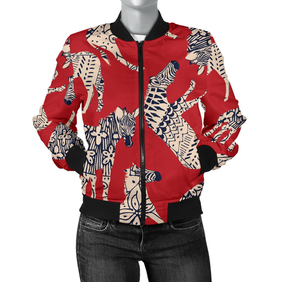 Zebra Abstract Red Background Women'S Bomber Jacket