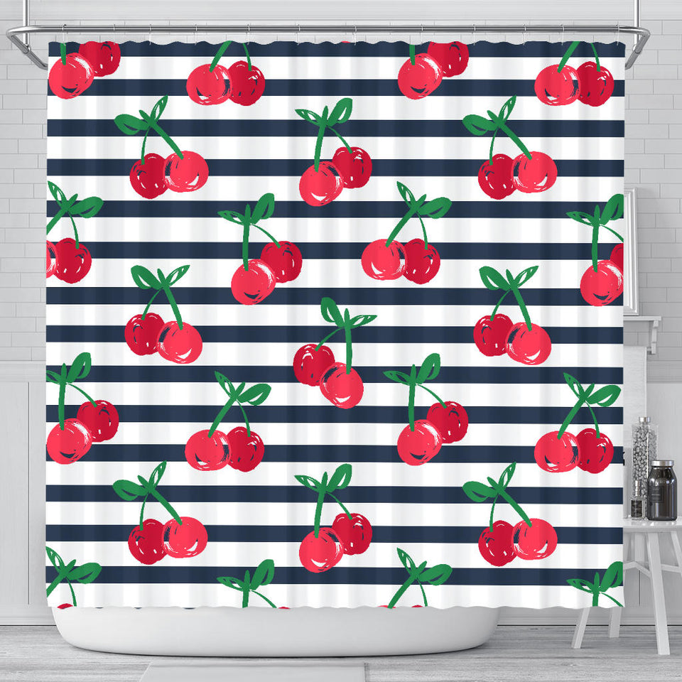 Hand Drawn Cherry Pattern Striped Background Shower Curtain Fulfilled In US
