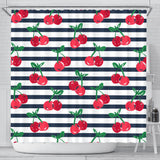 Hand Drawn Cherry Pattern Striped Background Shower Curtain Fulfilled In US
