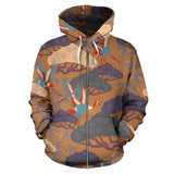 Bonsai Bamboo Stork Japanese Pattern Brown Theme Zip Up Hoodie