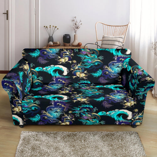 Dragon Sea Wave Pattern Loveseat Couch Slipcover