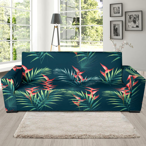 Heliconia Flowers, Palm And Monstera Leaves On Black Background Pattern Sofa Slipcover