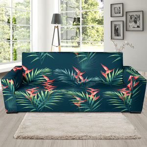 Heliconia Flowers, Palm And Monstera Leaves On Black Background Pattern Sofa Slipcover