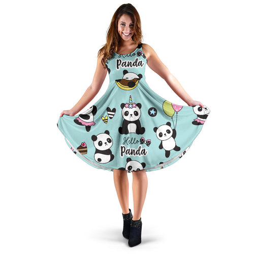 Cute Baby Panda Pattern Sleeveless Midi Dress